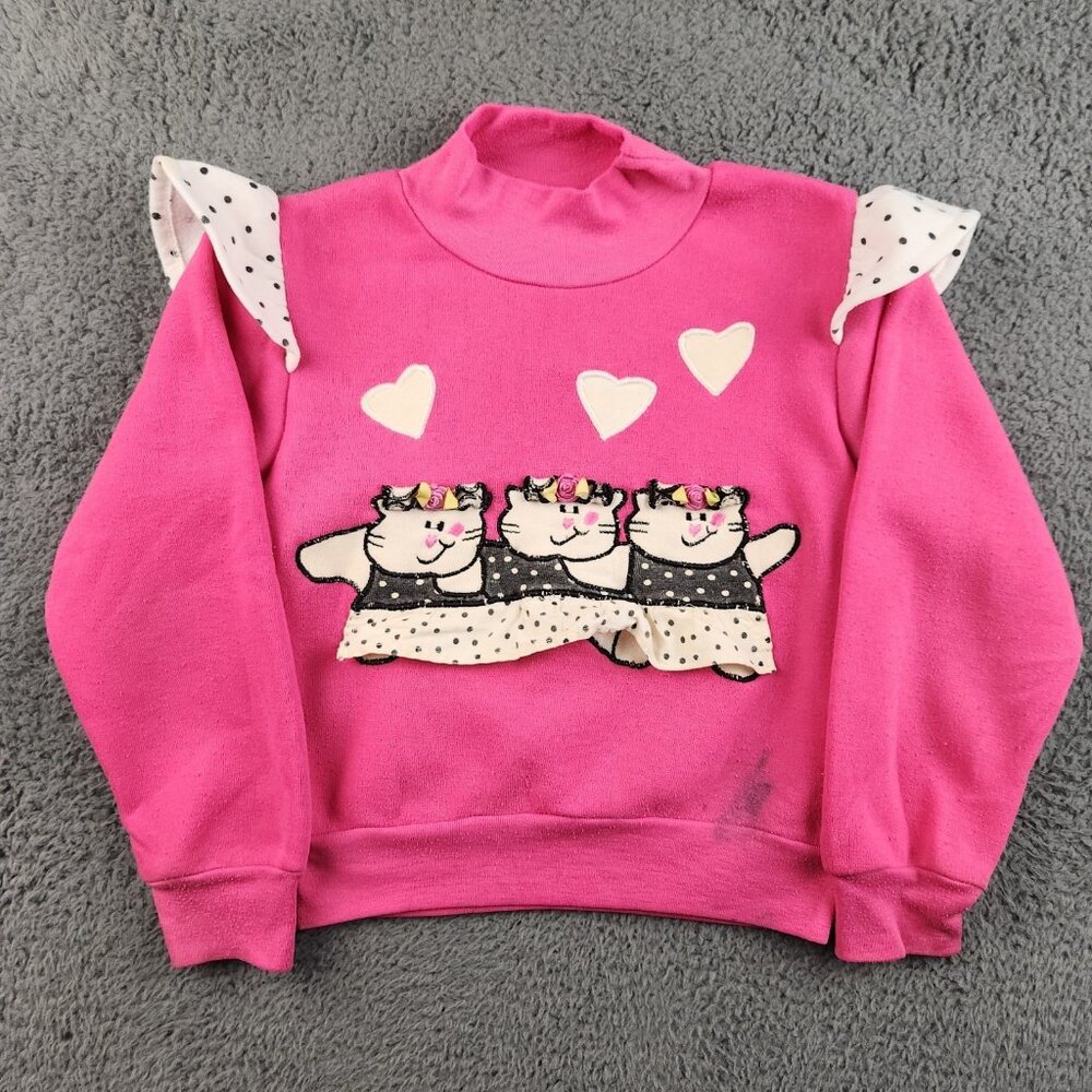 Vintage Cat Kitten Heart Sweatshirt Kids Girls Small 4-5 Ruffle Sleeve Pink Cute